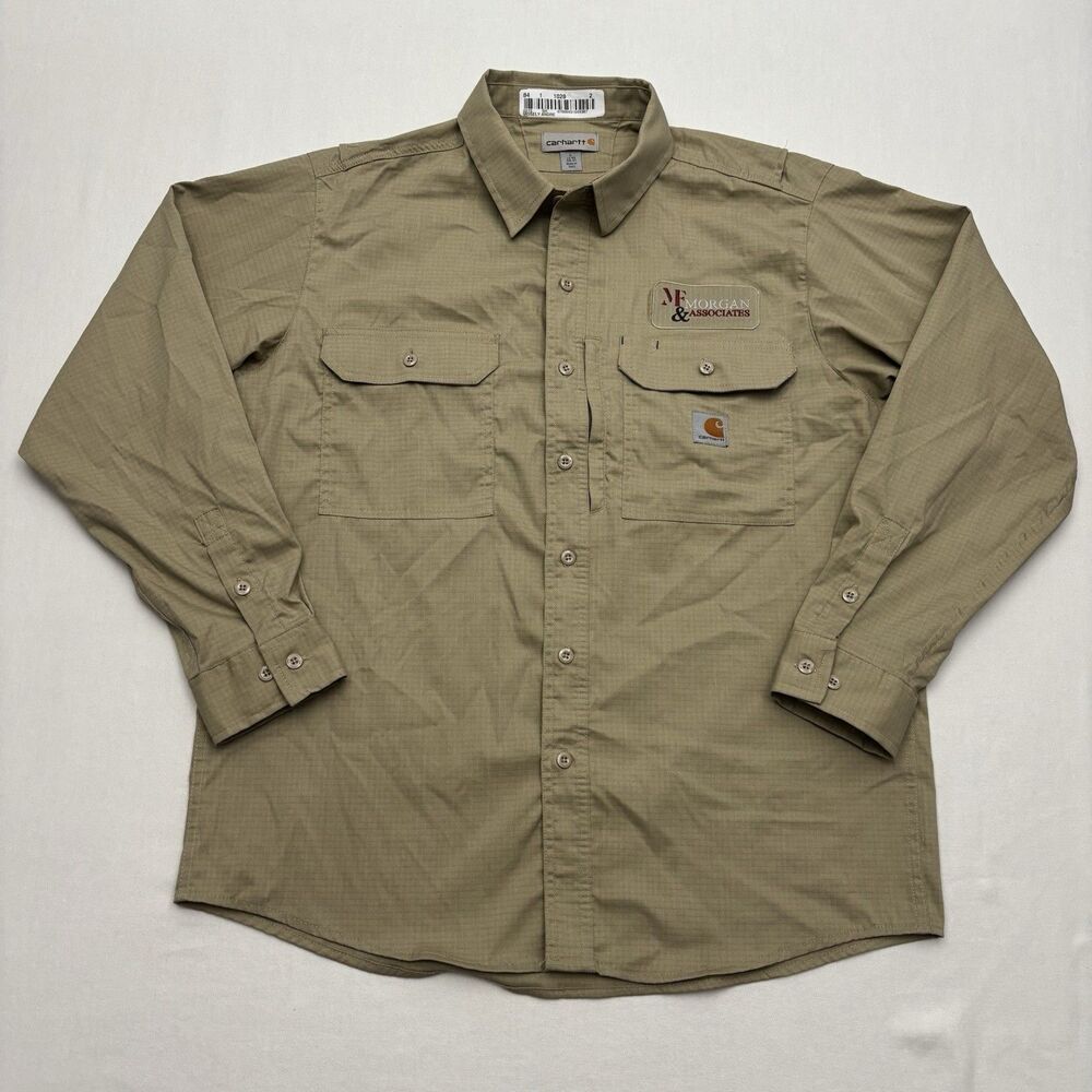 Carhartt Force Ridgefield Mens Long Sleeve Work Shirt Khaki Button Front Size L